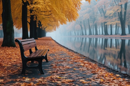 A park bench sitting next to a body of water, AIの素材
