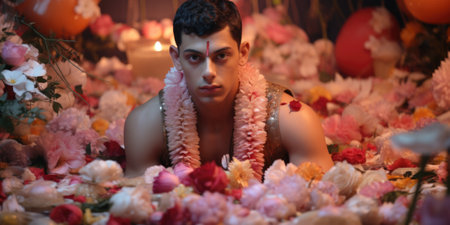 A man laying in a bed of flowers, AIの素材