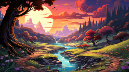 A painting of a river running through a forest, AIの素材