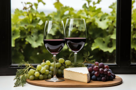 Two glasses of wine and cheese on a cutting board, AIの素材