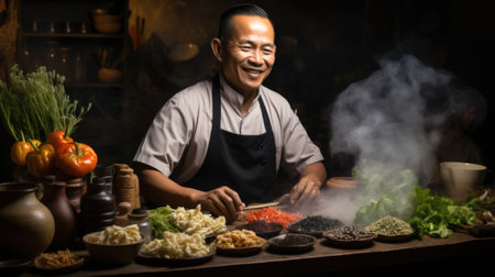 A man in an apron preparing food on a table, AIの素材