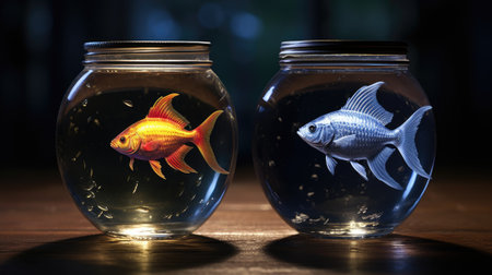 A goldfish and a silver fish in a jar, AIの素材