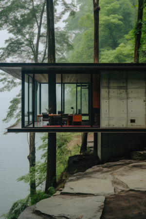 A house sitting on top of a cliff next to a body of water, AIの素材