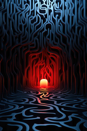 A dark tunnel with a red light at the end, AIの素材