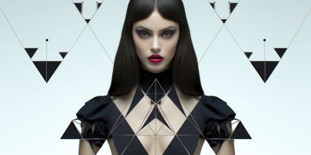 A woman in a black and white dress with triangles around her, AIの素材