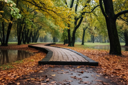 A walkway in the middle of a park surrounded by trees, AIの素材
