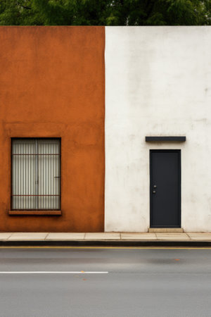 A red and white building with a black door and window, AIの素材