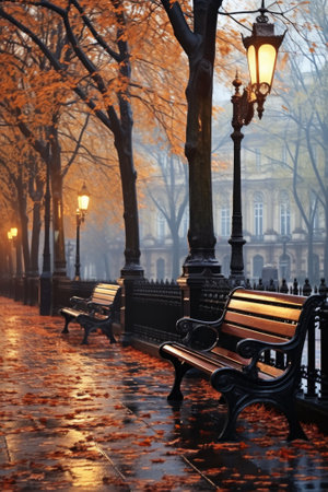A row of park benches sitting next to each other, AIの素材
