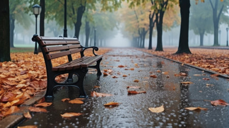 A park bench sitting on a wet sidewalk, AIの素材
