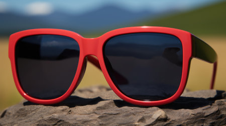 A pair of red sunglasses sitting on top of a rock, AIの素材