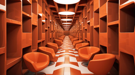 A long hallway with orange chairs and bookshelves, AIの素材