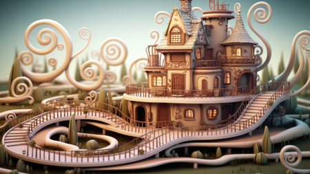 A house with a spiral staircase going up to it, AIの素材
