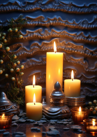 A group of lit candles sitting on top of a table, AIの素材