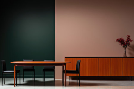 A room with a table, chairs and a vase of flowers, AIの素材