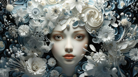 A close up of a womans face surrounded by paper flowers, AIの素材