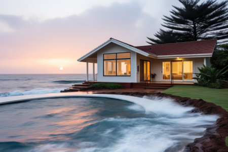 A small house sitting on top of a lush green hillside next to the ocean, AIの素材