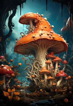 A group of mushrooms sitting on top of a lush green forest, AIの素材