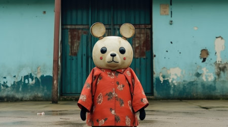 A teddy bear dressed in a red kimono standing in front of a blue building, AIの素材