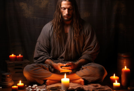 A man with long hair sitting in front of candles, AIの素材