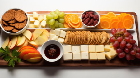 A platter of cheese, crackers, fruit, and crackers, AIの素材