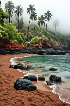 A beach with rocks and palm trees on a foggy day, AIの素材