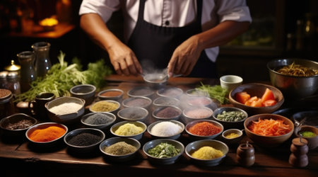 A chef is preparing a variety of food on a table, AIの素材