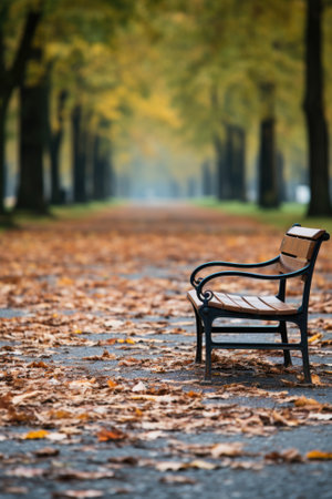 A park bench sitting in the middle of a leaf covered path, AIの素材