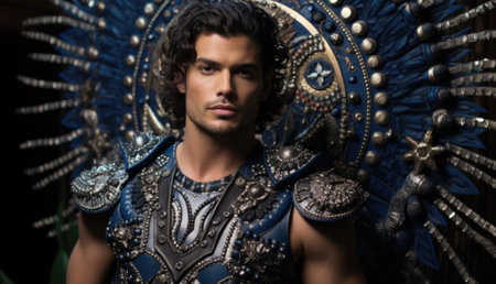 A man in a blue costume standing in front of a wall, AIの素材