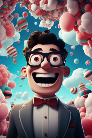 A man in a tuxedo surrounded by balloons, AIの素材