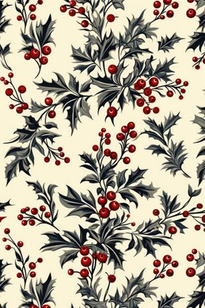 A pattern of holly leaves and red berries, AIの素材