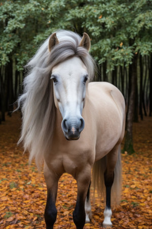 A horse with a long mane standing in a forest, AIの素材