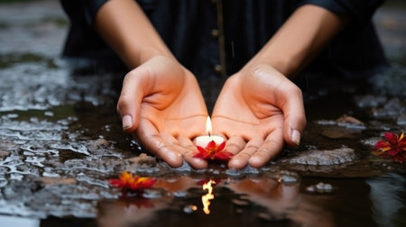 A person holding a lit candle in their hands, AIの素材