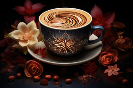 A cup of coffee on a saucer surrounded by flowers, AIの素材
