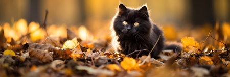 A black cat is sitting in the leaves, AIの素材
