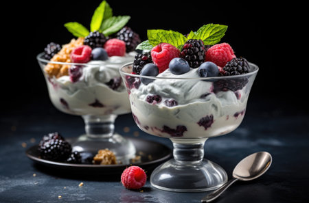 Two dessert bowls with berries and cream, AIの素材