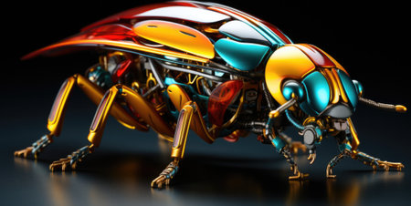 A colorful bug with a metallic body and a black background, AIの素材