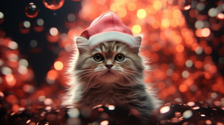 A cat wearing a santa hat sits on a red background, AIの素材