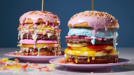 Two hamburgers with different toppings on them, AIの素材