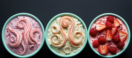 Three bowls of yogurt with strawberries and an octopus, AIの素材