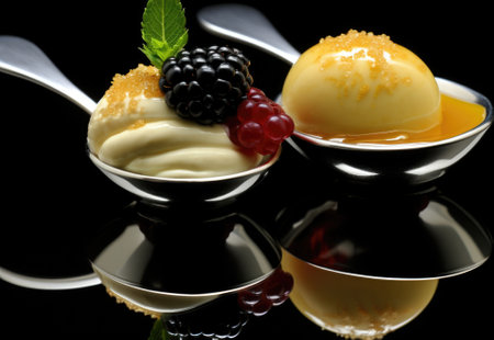 Two spoons with ice cream and berries on a black background, AIの素材