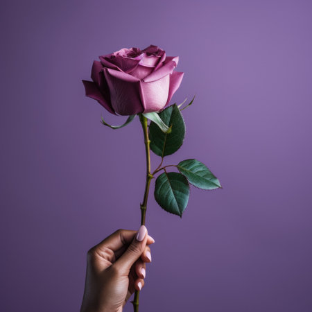 A womans hand holding a single rose on a purple background, AIの素材