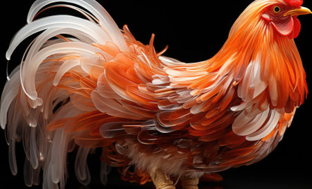 A rooster with long feathers standing on a black background, AIの素材