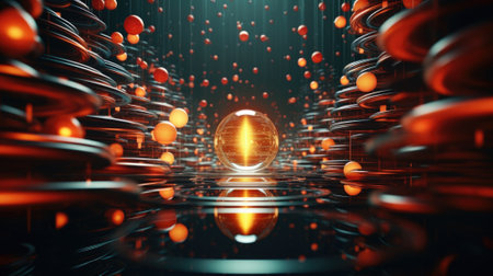 A glowing sphere surrounded by orange circles, AIの素材