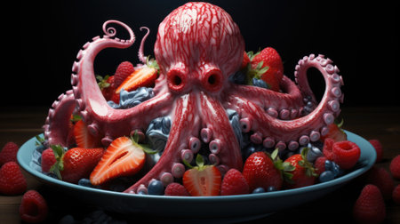 A sweet jelly octopus is sitting on a plate with berries and strawberries, AIの素材