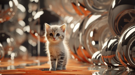 A kitten is standing in front of a bunch of metal balls, AIの素材