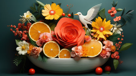 A bowl filled with oranges, flowers and a dove, AIの素材