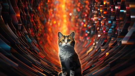 A cat sitting in a tunnel with colorful lights, AIの素材