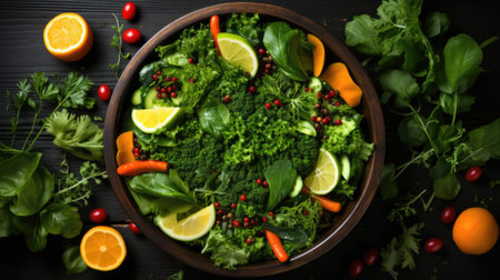 A bowl of greens with oranges, lemons and other vegetables, AIの素材