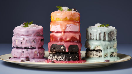 Three ice cream cakes are stacked on a plate, AIの素材