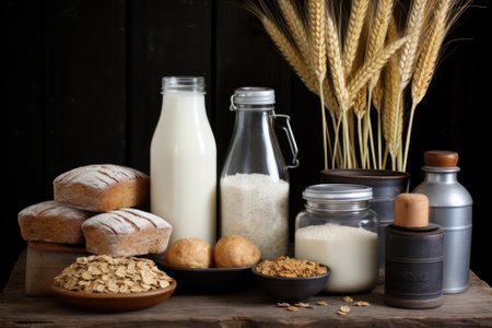 Various types of milk and cereal on a wooden table, AIの素材